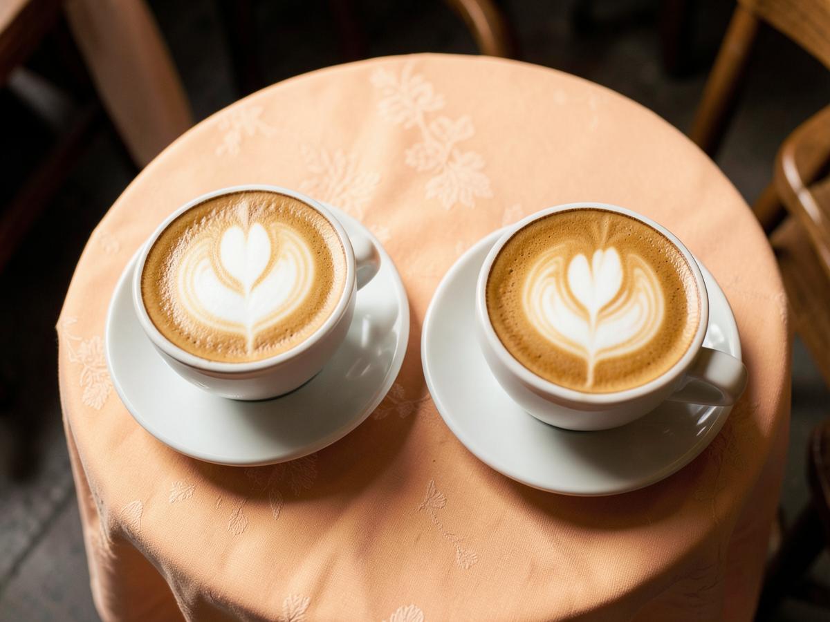 Two cappuccinos with heart-shaped latte art on a peach cloth-covered café table