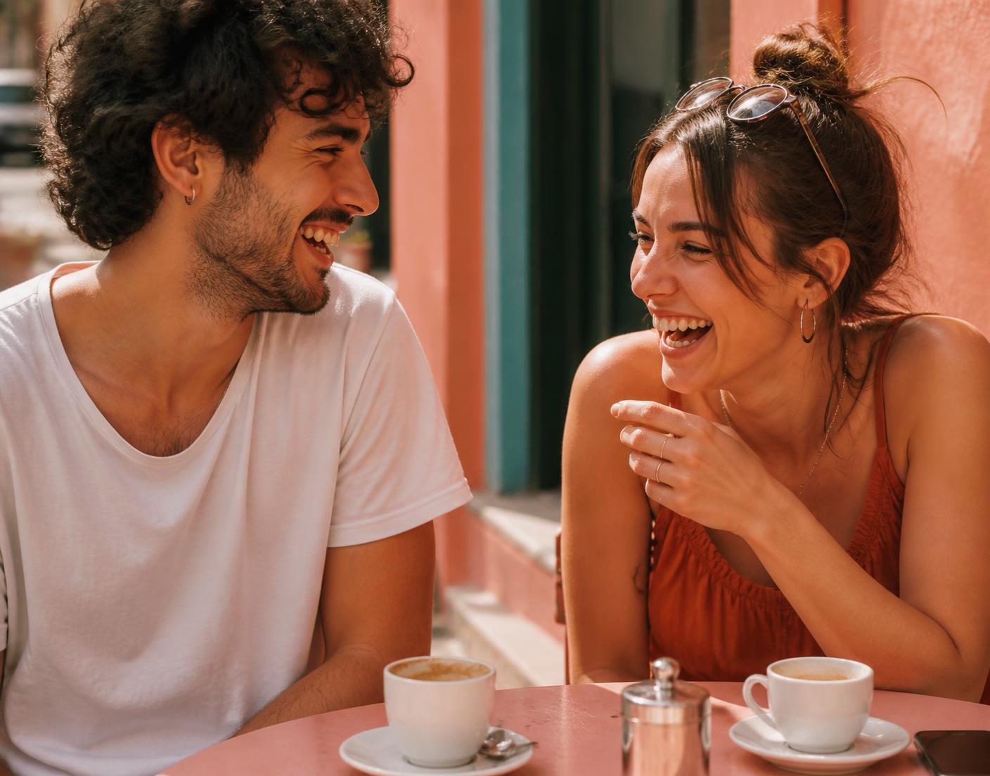 Two people laughing together over coffee at a sunny outdoor café table